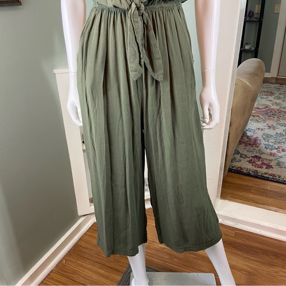 Universal Thread army olive Green Tie rayon Jumpsuit cropped wide leg small - Picture 5 of 11